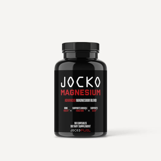 Jocko Fuel Magnesium Complex bottle front highlights muscle support and relaxation potential.