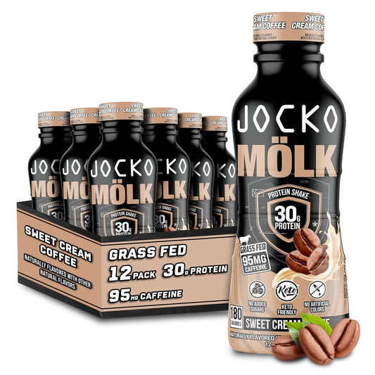 Jocko Fuel Mölk Sweet Cream Coffee bottle ready-to-drink protein for on-the-go fueling.