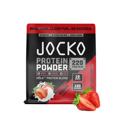 Jocko Fuel Mölk powder packaging in strawberry flavor for post-workout fueling.