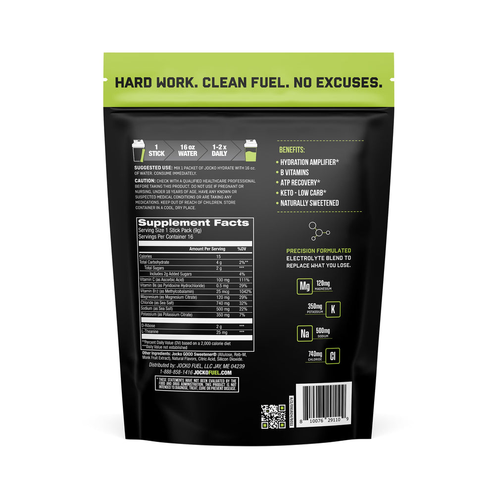Jocko Fuel Packets Lemon Lime back label highlights vitamins and electrolytes.