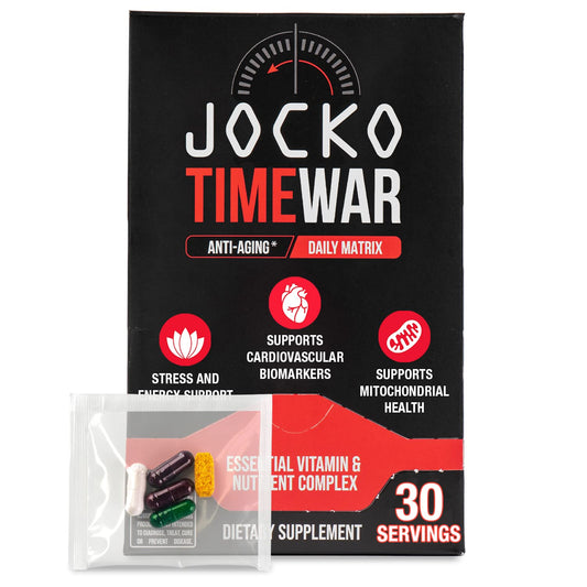 Jocko Fuel TIME WAR bottle front highlighting NAD blend for aging wellness