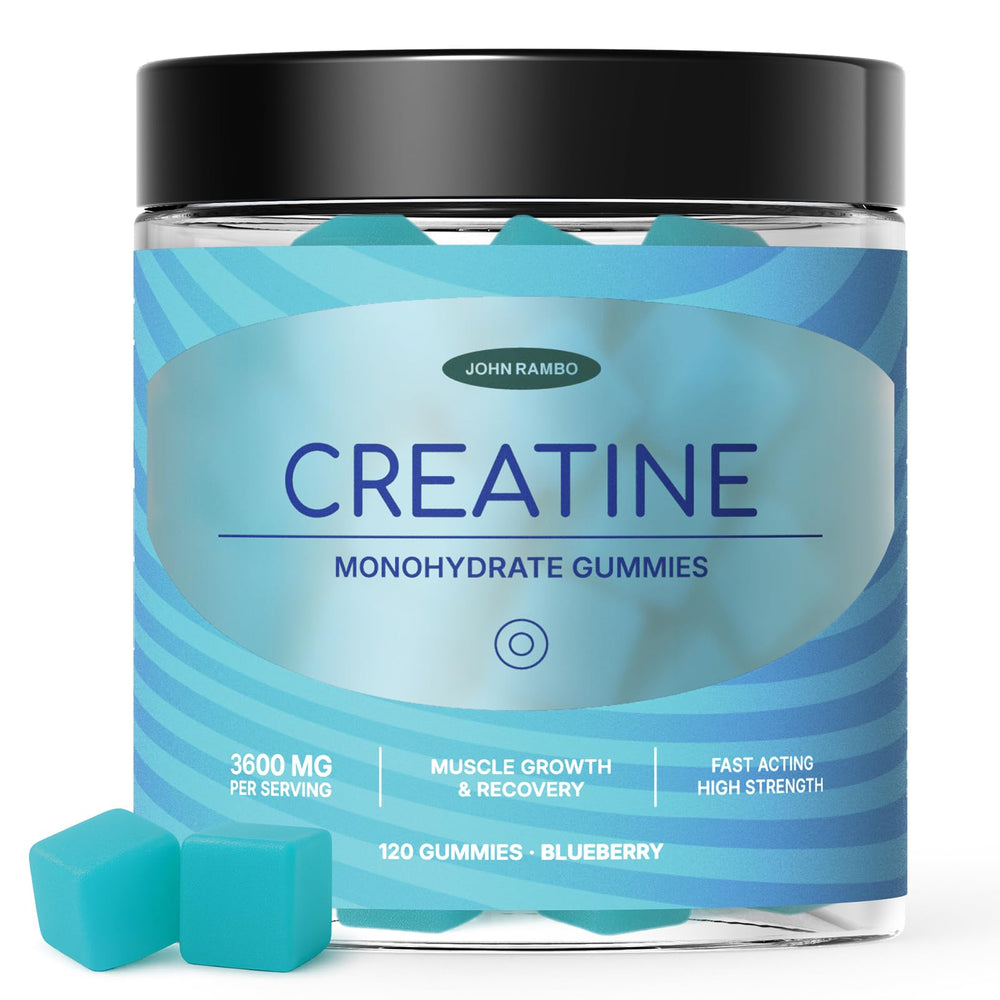 JOHN RAMBO Creatine Gummies bottle with a clear label for daily use
