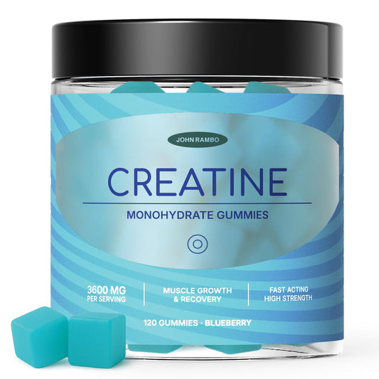 JOHN RAMBO Creatine Gummies bottle with a clear label for daily use