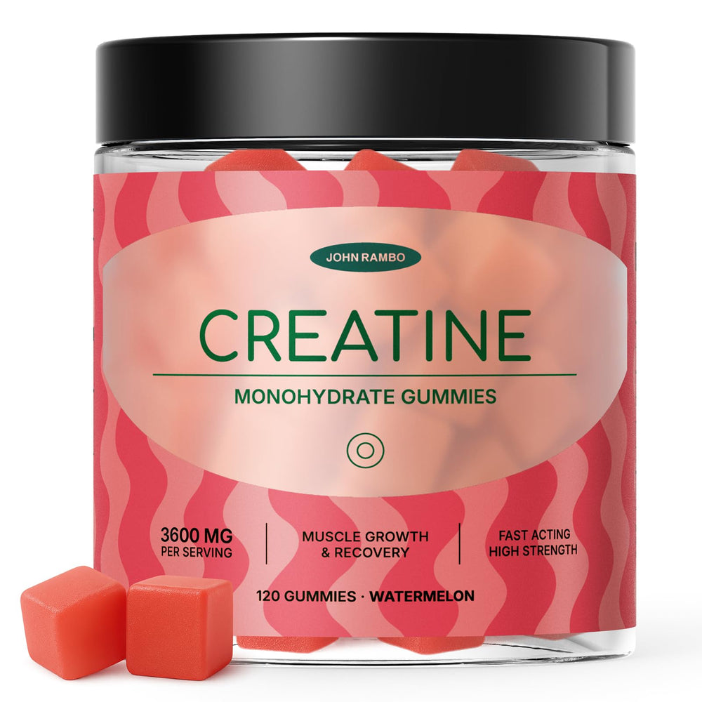 John Rambo Creatine Gummies bottle label highlights 3600 mg per serving for performance support.