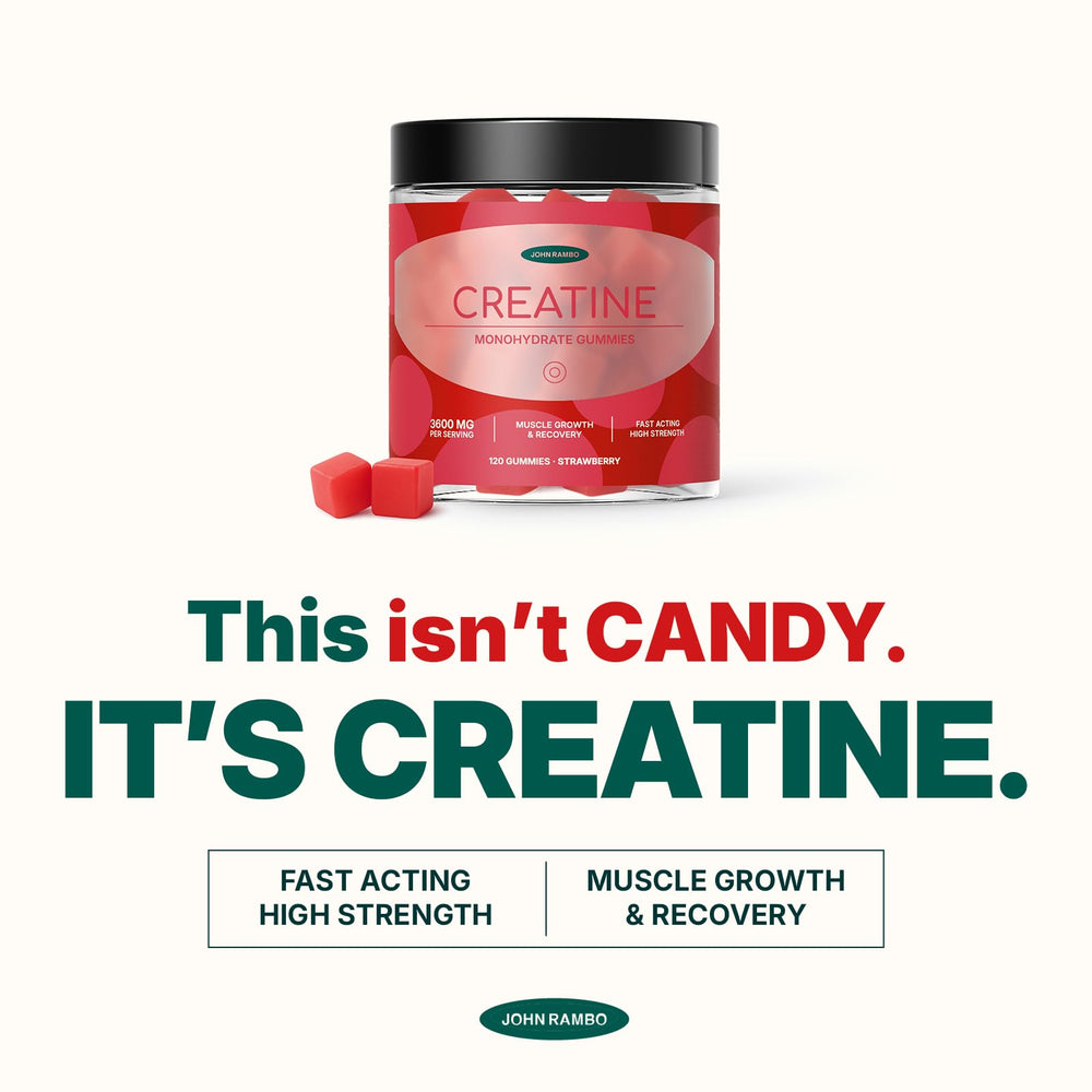 JOHN RAMBO Creatine Gummies label highlights transparent ingredients