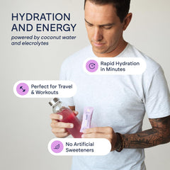 HydroBelle powder being poured into water for refreshing, sugar-free hydration.