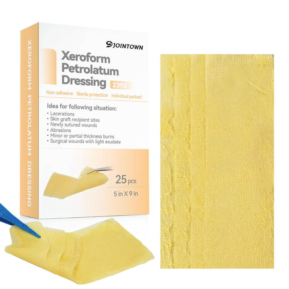 Jointown Xeroform 5x9 dressing on skin provides gentle, non-stick wound coverage.