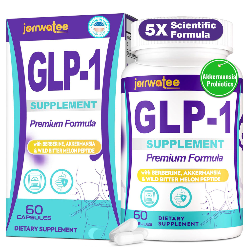 Jorrwatee GLP-1 bottle closeup showing easy to take capsules for daily wellness.
