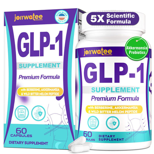 Jorrwatee GLP-1 bottle closeup showing easy to take capsules for daily wellness.