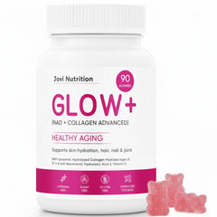 Jovi Glow+ bottle pour shows easy daily dose for skin and hair vitality.