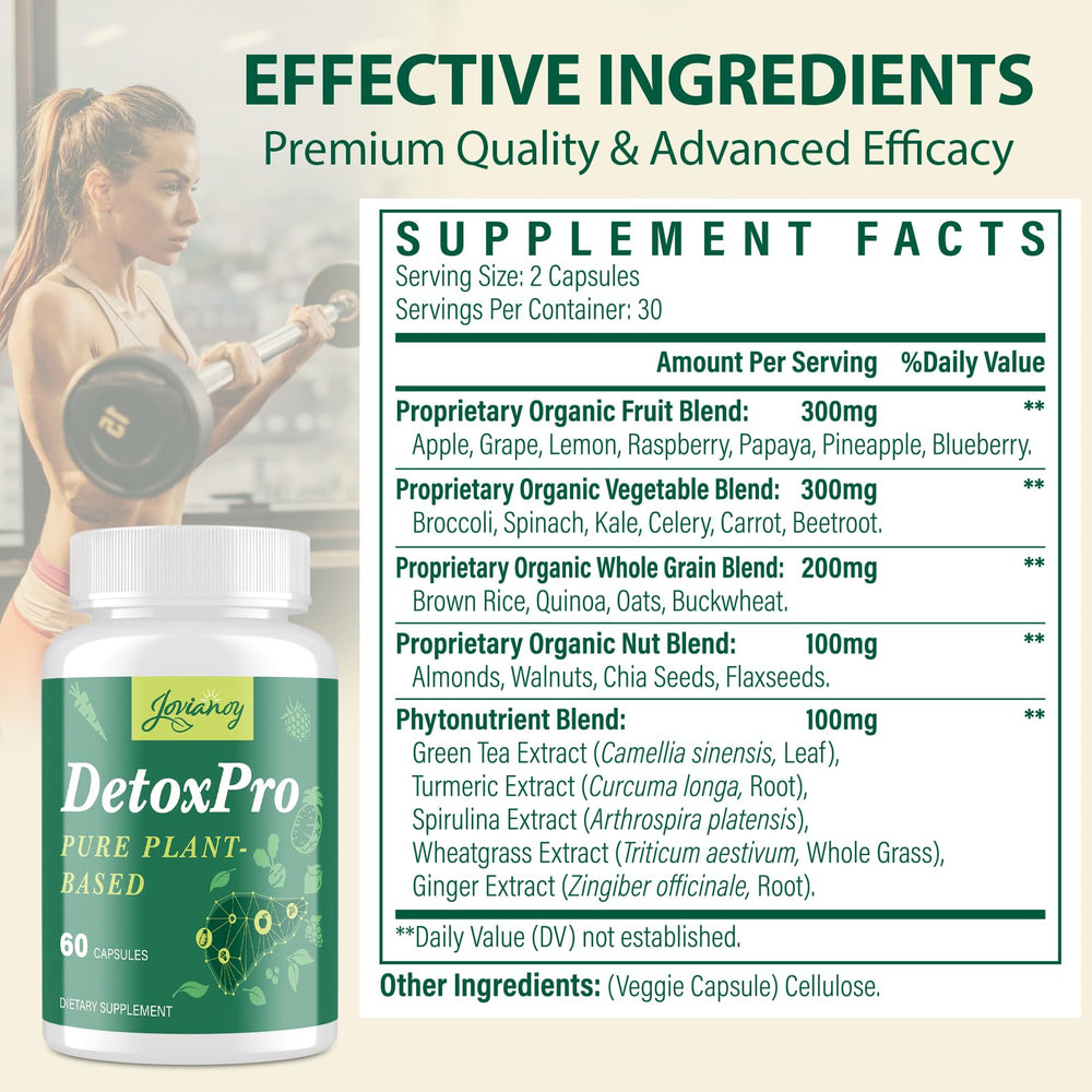 Jovianoy Detox bottle pour showing capsules ready for on-the-go routines.