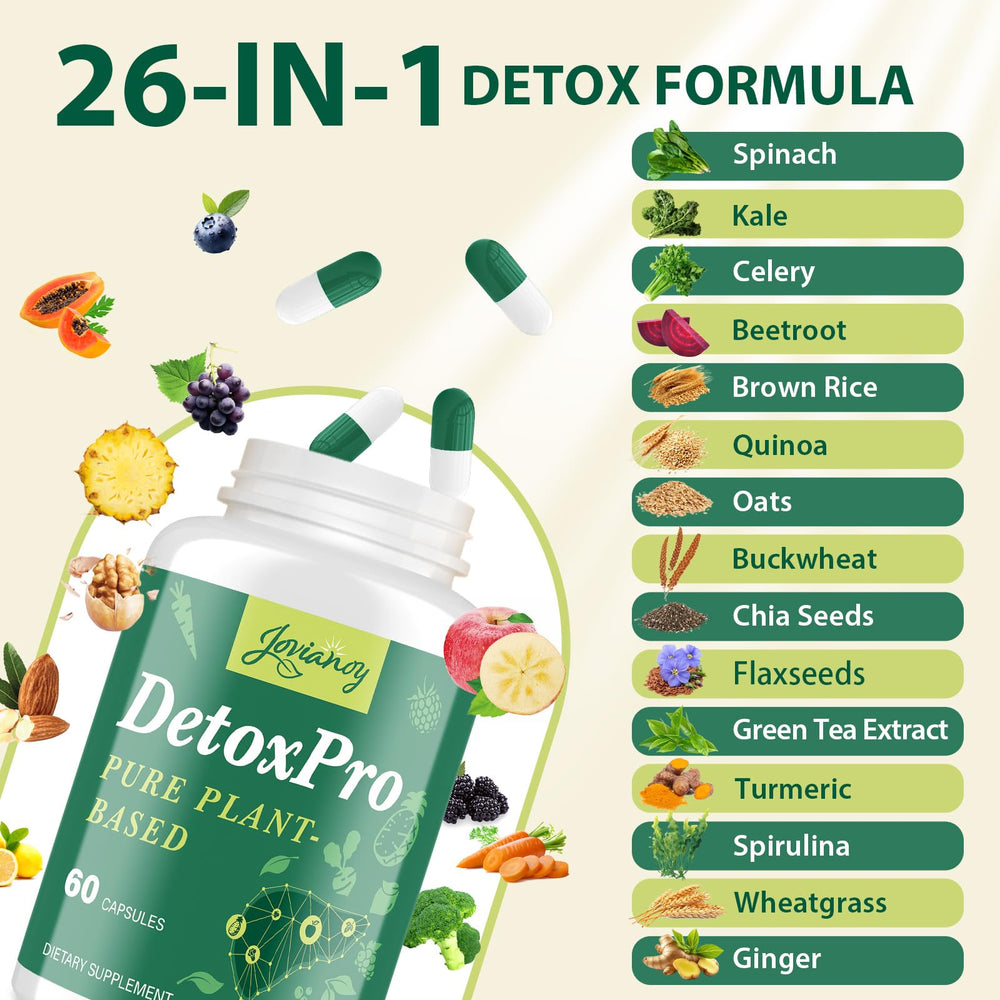 Jovianoy Detox vegan label on bottle, clean plant-based formula.