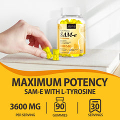 Jovianoy SAM-e Gummies pouring into mouth for convenient daily dosing