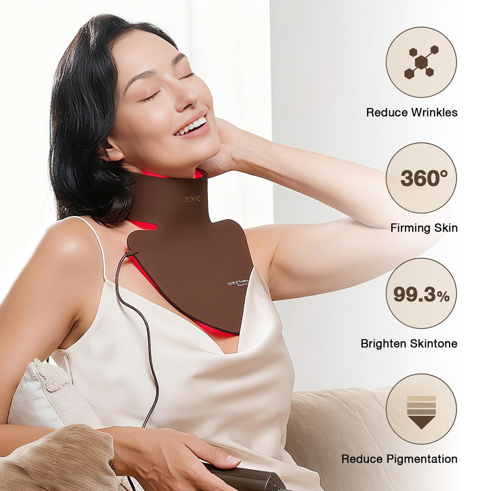 JOVS neck chest mask worn close-up showing a comfortable, wireless fit.