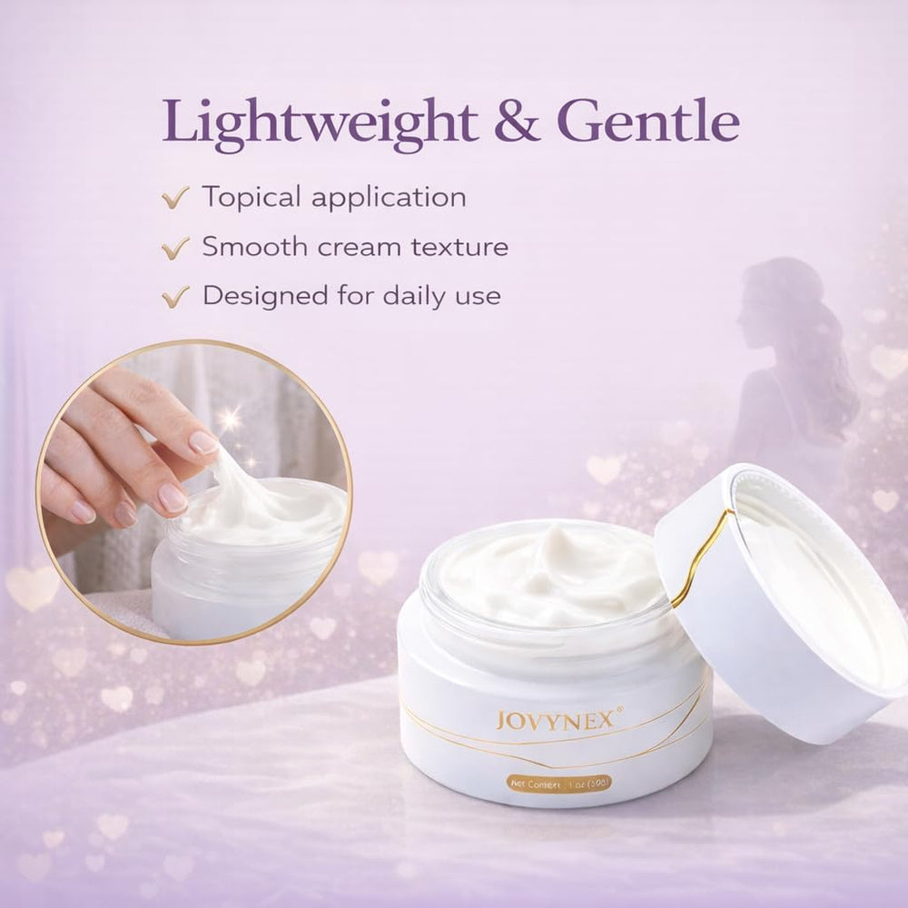 JOVYNEX Estriol cream absorbed on vulvar skin with visible hydration.