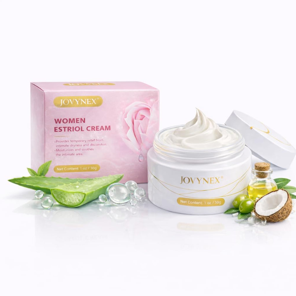 JOVYNEX Estriol cream bottle close-up showing smooth texture for daily vulvar care.