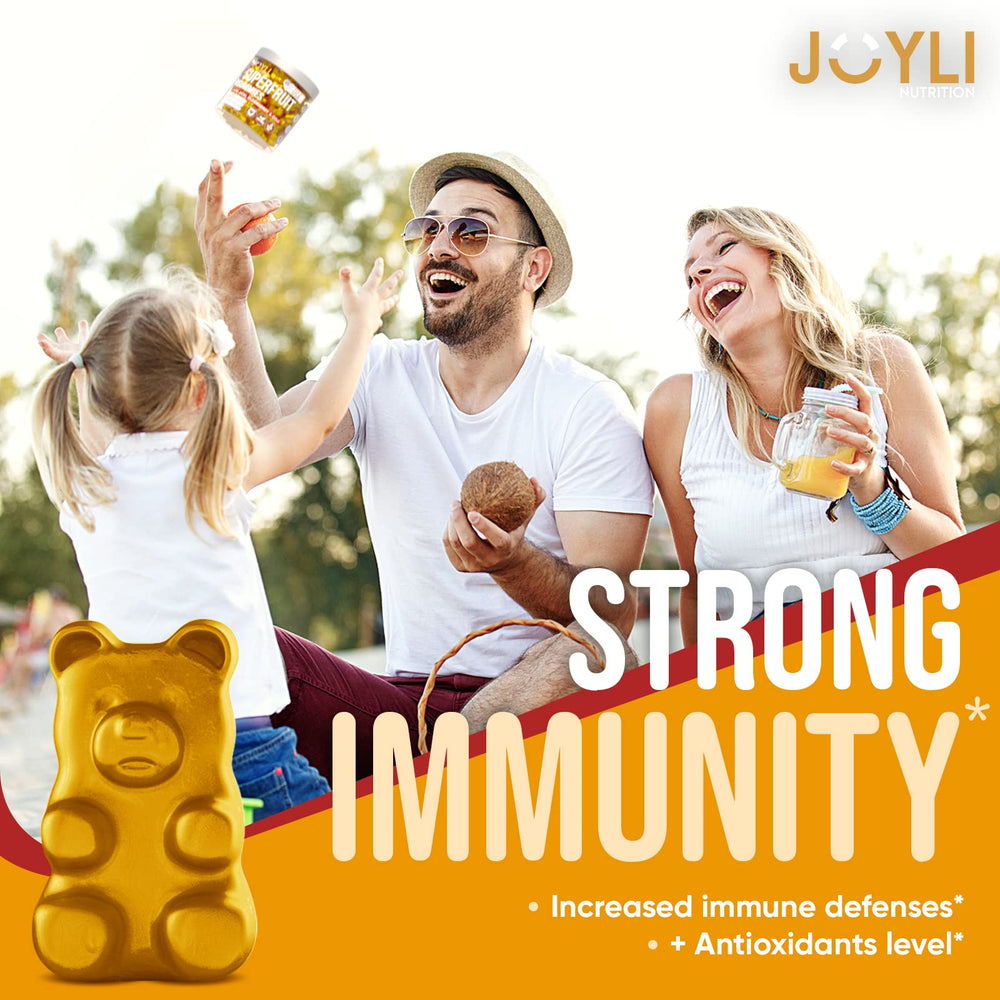 JOYLI Nutrition 2 Pack Multivitamin Fruit Gummies closeup of goji and elderberry blend