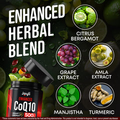 JOYLI Nutrition CoQ10 500mg made in USA badge emphasizes cGMP compliant production