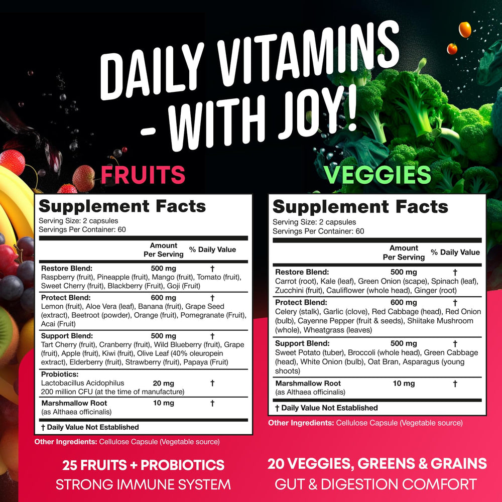 Joyli Nutrition Reds & Greens capsules spilled, suggesting convenient daily energy support