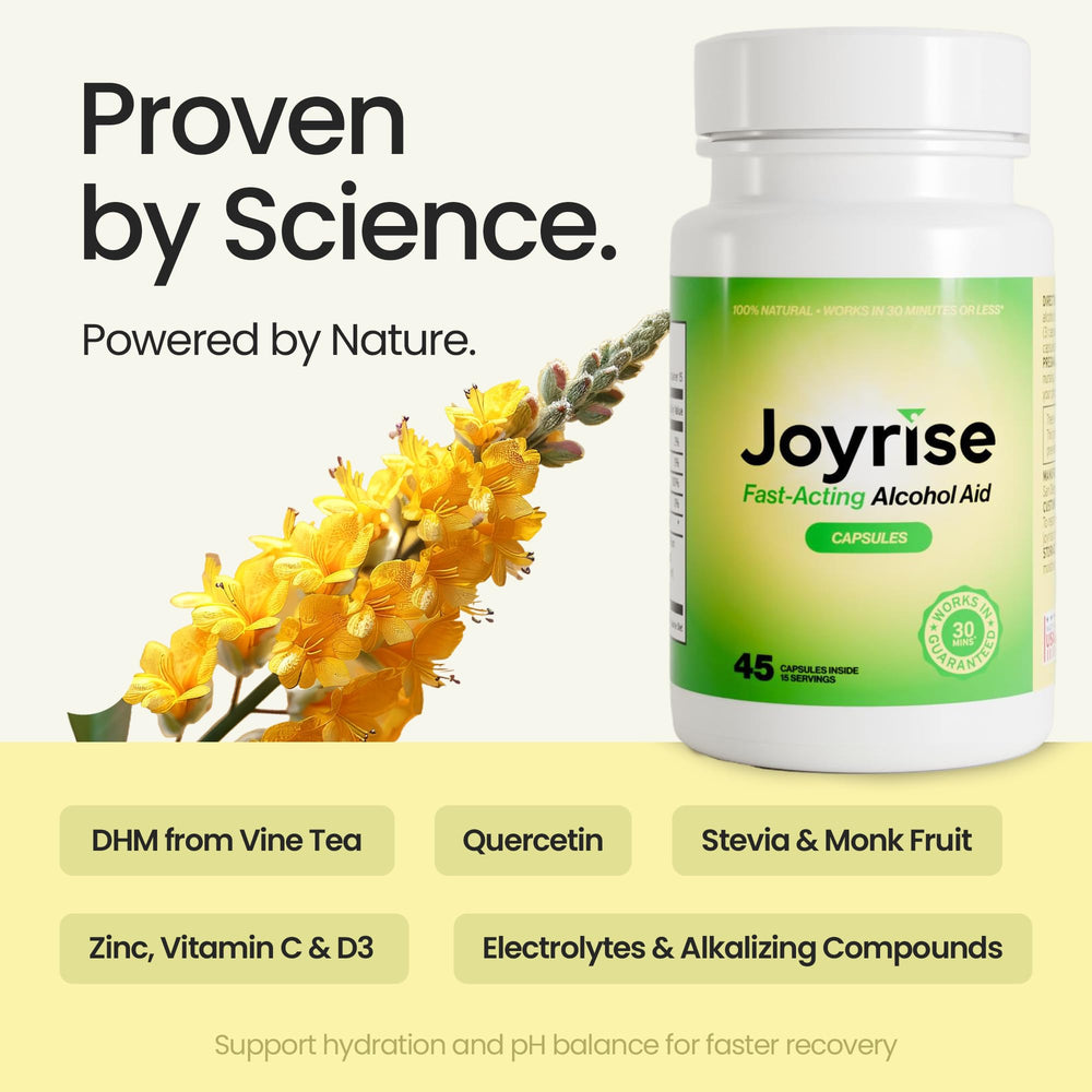 Joyrise DHM capsules pack for fast-acting metabolism support after social drinking.