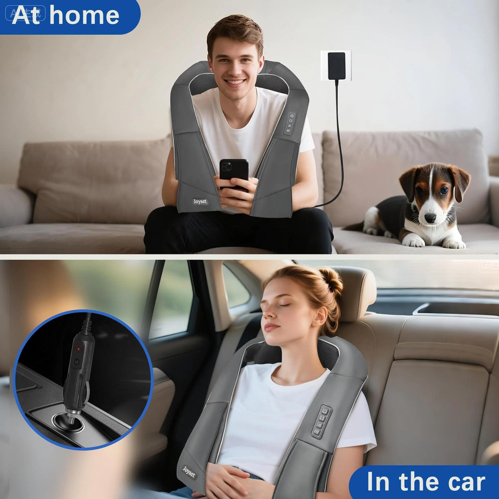 Joyset neck massager on shoulders illustrating portable wearability