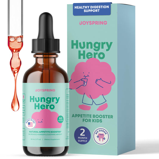 JoySpring Appetite Booster bottle close-up for kids ages 3+, supporting healthy appetite.