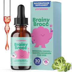 JoySpring broccoli drops for kids bottle shows a kid-friendly daily wellness option.