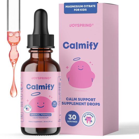 JoySpring Calmify liquid bottle for kids showing a kid-friendly calming supplement