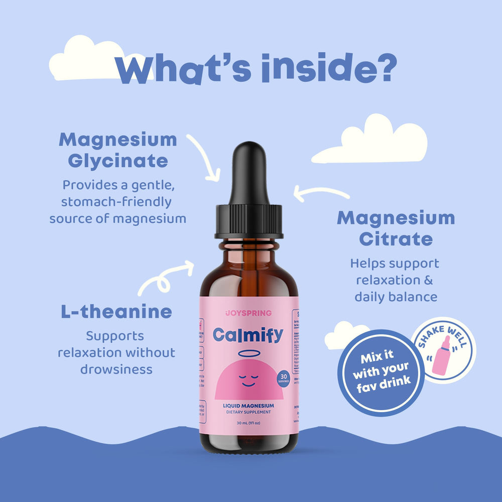 Magnesium glycinate and citrate in Calmify highlighted as easily absorbed drops.
