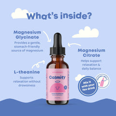 Magnesium glycinate and citrate in Calmify highlighted as easily absorbed drops.