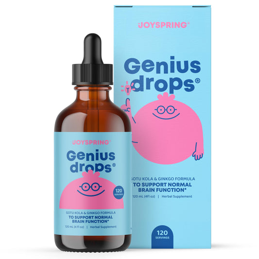 JoySpring Genius Drops bottle front highlighting organic focus support for kids