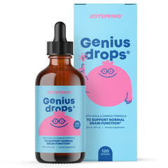JoySpring Genius Drops bottle front highlighting organic focus support for kids
