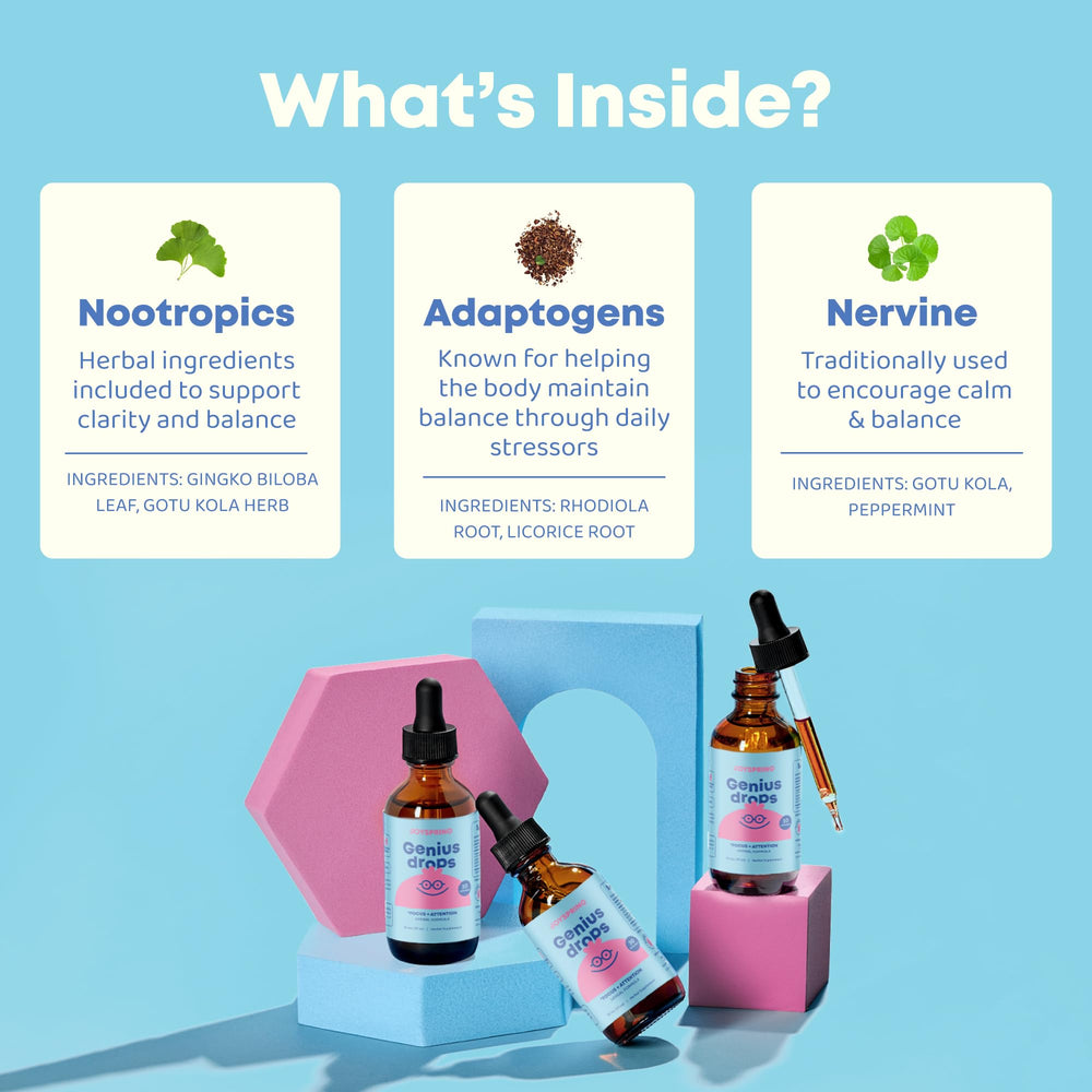 JoySpring Genius Drops bottle with dropper shows easy daily dosing for school days