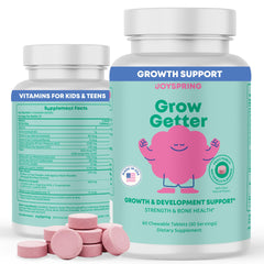 JoySpring Growth Teens bottle label highlights a sugar-free, teen-friendly growth vitamin.