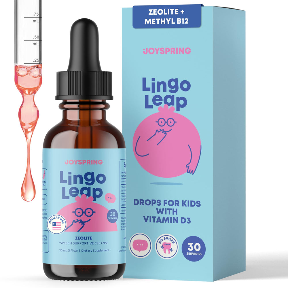 JoySpring LingoLeap bottle front shows a kid-friendly daily wellness routine.