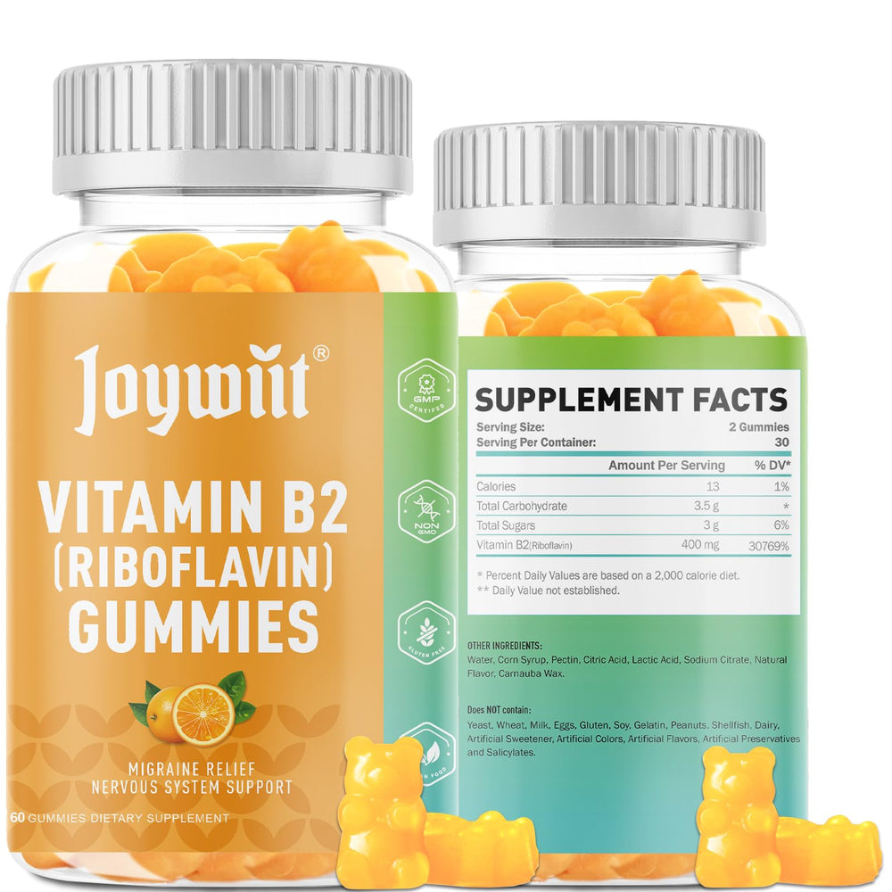 Joywiit B2 Gummies bottle close-up showing colorful chews for energy support.