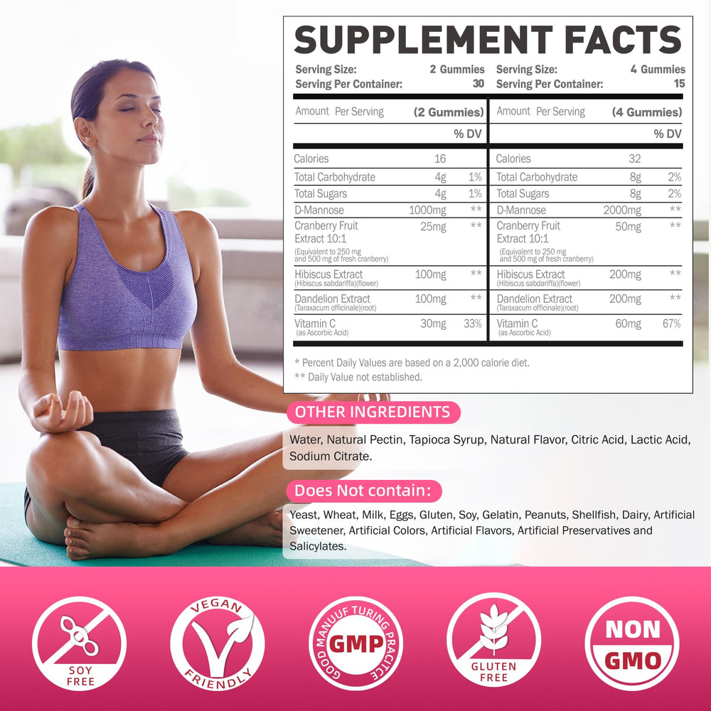 Joywiit D-Mannose Gummies bottle side showing supplement facts for daily urinary support.