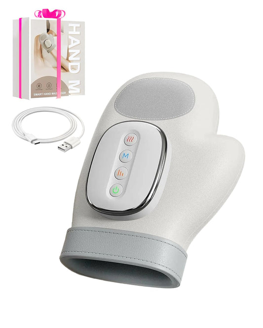 Joyzan hand massager in use with warm compression soothing wrists and palms