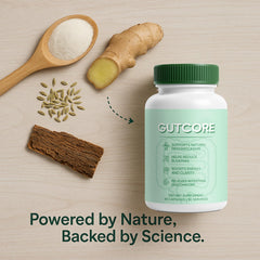 Jqewlg GutCore ingredients panel highlights inulin, fennel, ginger, slippery elm.