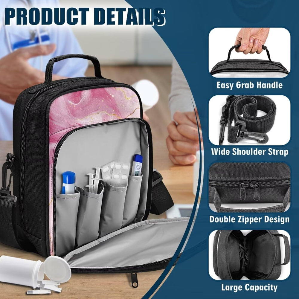 Jrysaedy Marble Diabetes Bag shows dimensions for compact yet roomy storage.