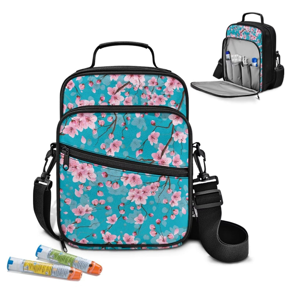 Jrysaedy Mechine travel case with cherry blossoms for organized diabetes supplies.