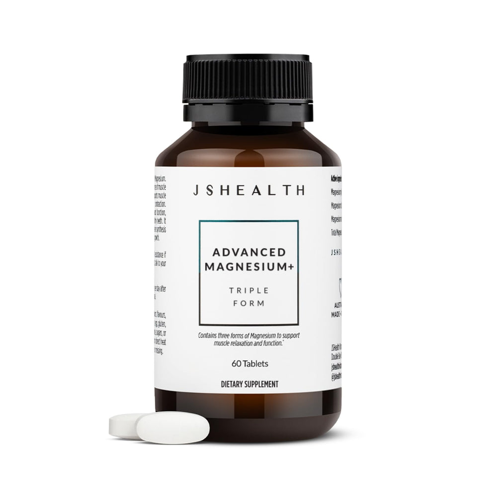 JSHealth Advanced Magnesium bottle close-up highlighting high-absorb formula for muscle support