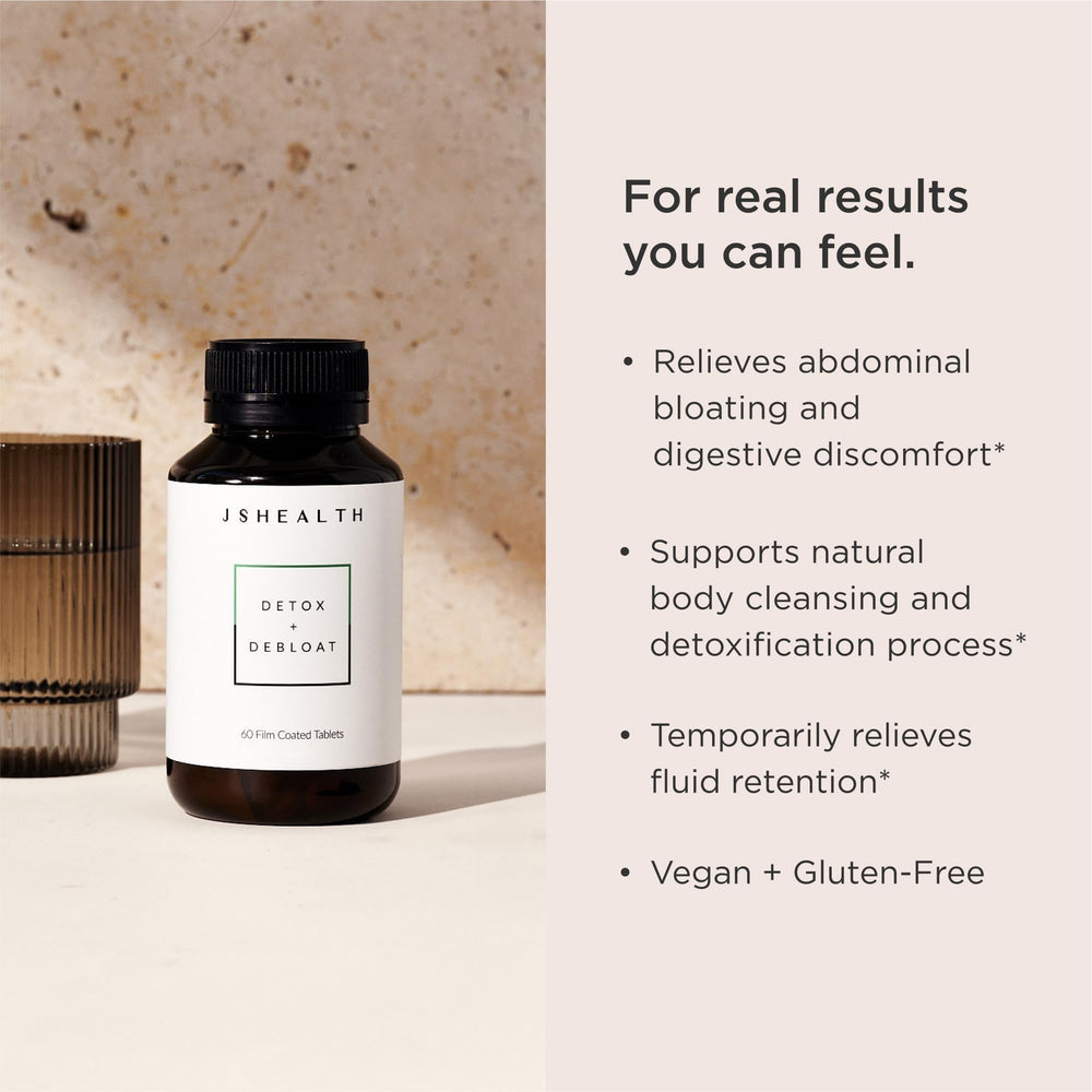 JSHealth Detox tablets close-up showing milk thistle and fennel for digestive comfort
