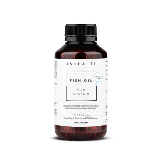 JSHealth Fish Oil vanilla bottle with omega-3 support for everyday wellbeing.