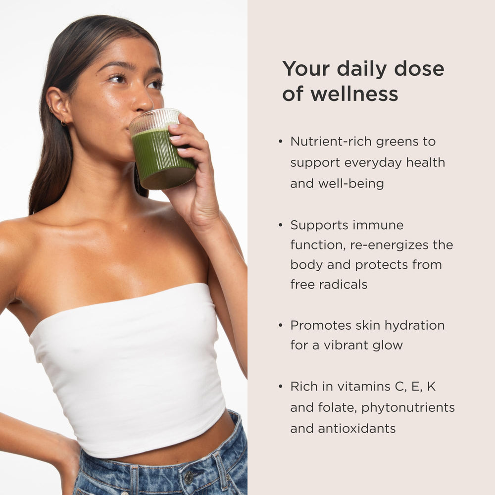 JSHealth Super Greens Powder scoop showing a 6.5 g serving for mornings.