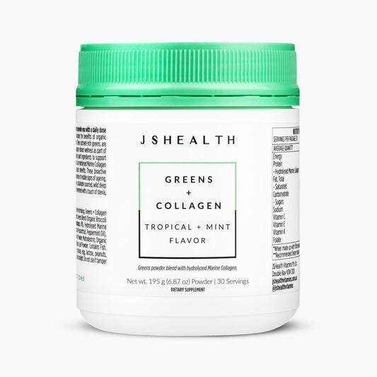JSHealth Super Greens Powder tub front view highlighting greens blend for daily wellness.