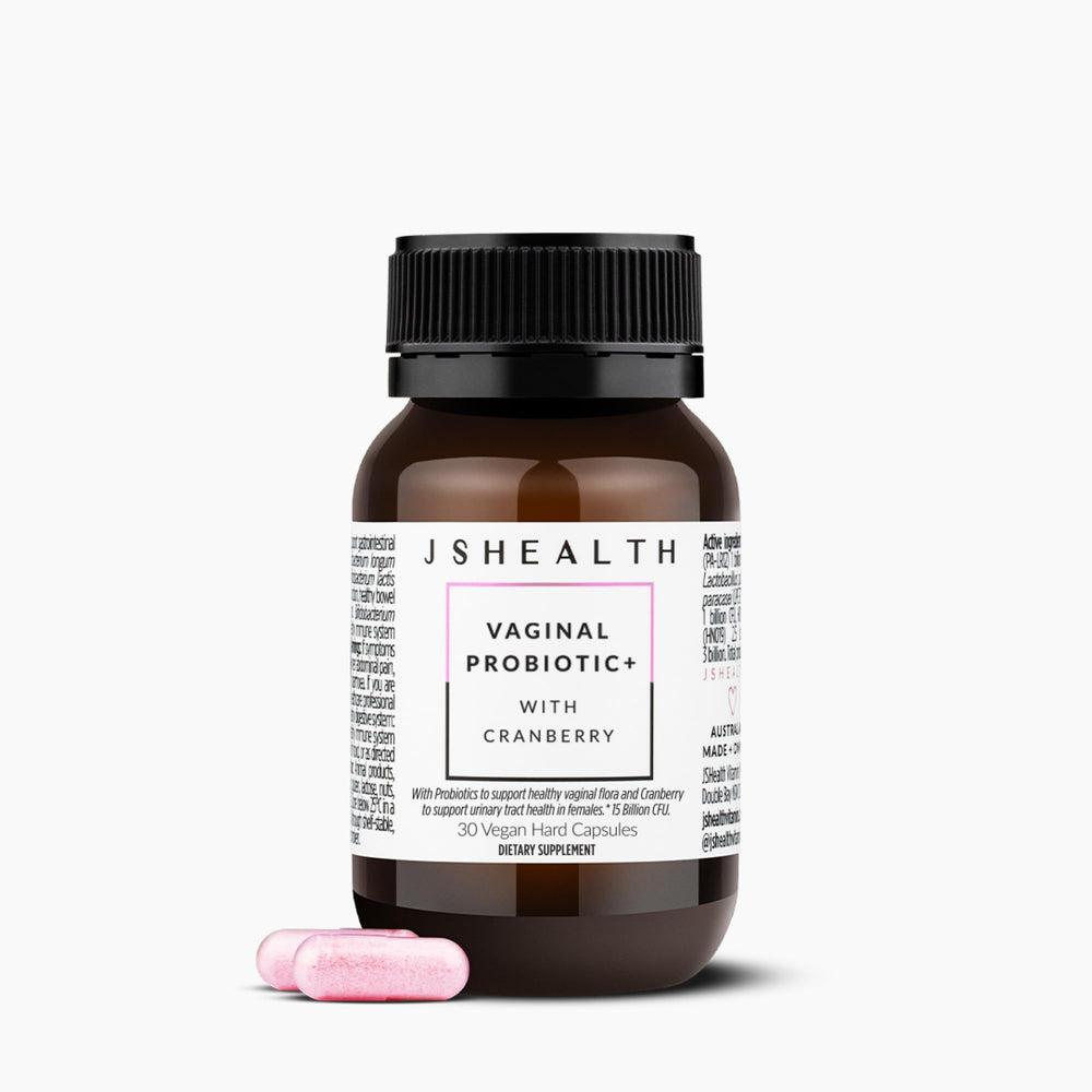JSHealth Vaginal Probiotic Bottle in a clean, shelf-stable packaging.
