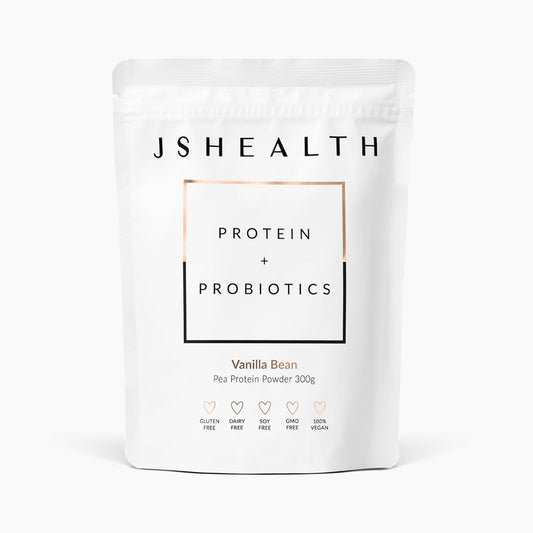 JSHealth Vanilla Bean protein powder with probiotics, ideal shake base for busy mornings.