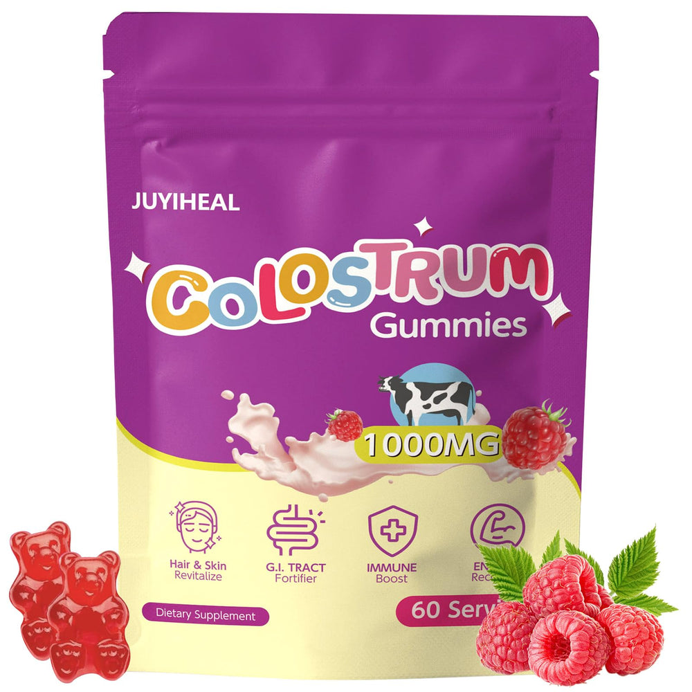 JUYIHEAL Colostrum Gummies bottle with raspberry flavor for daily gut support.