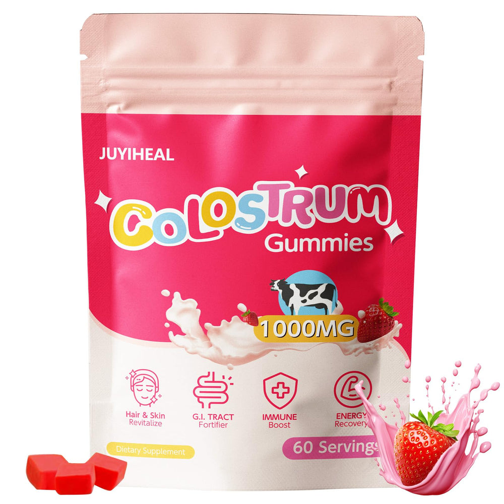 JUYIHEAL Colostrum Gummies bottle shown for convenient daily immune support on the go.